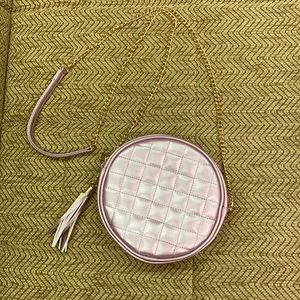 Round metallic light purple faux leather bag